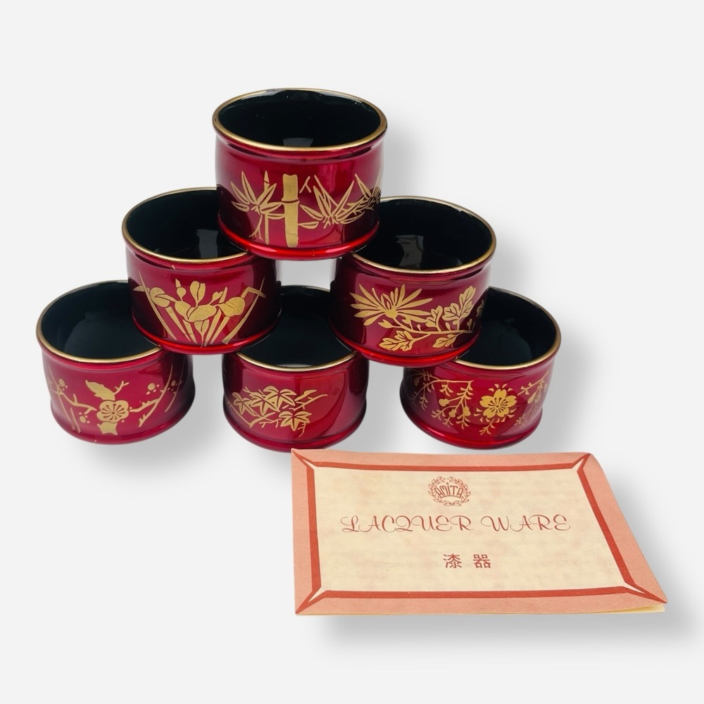 Vintage‎ Japanese Lacquer Ware Napkin Rings Set 6 Red Gold Amita Tokyo Japan